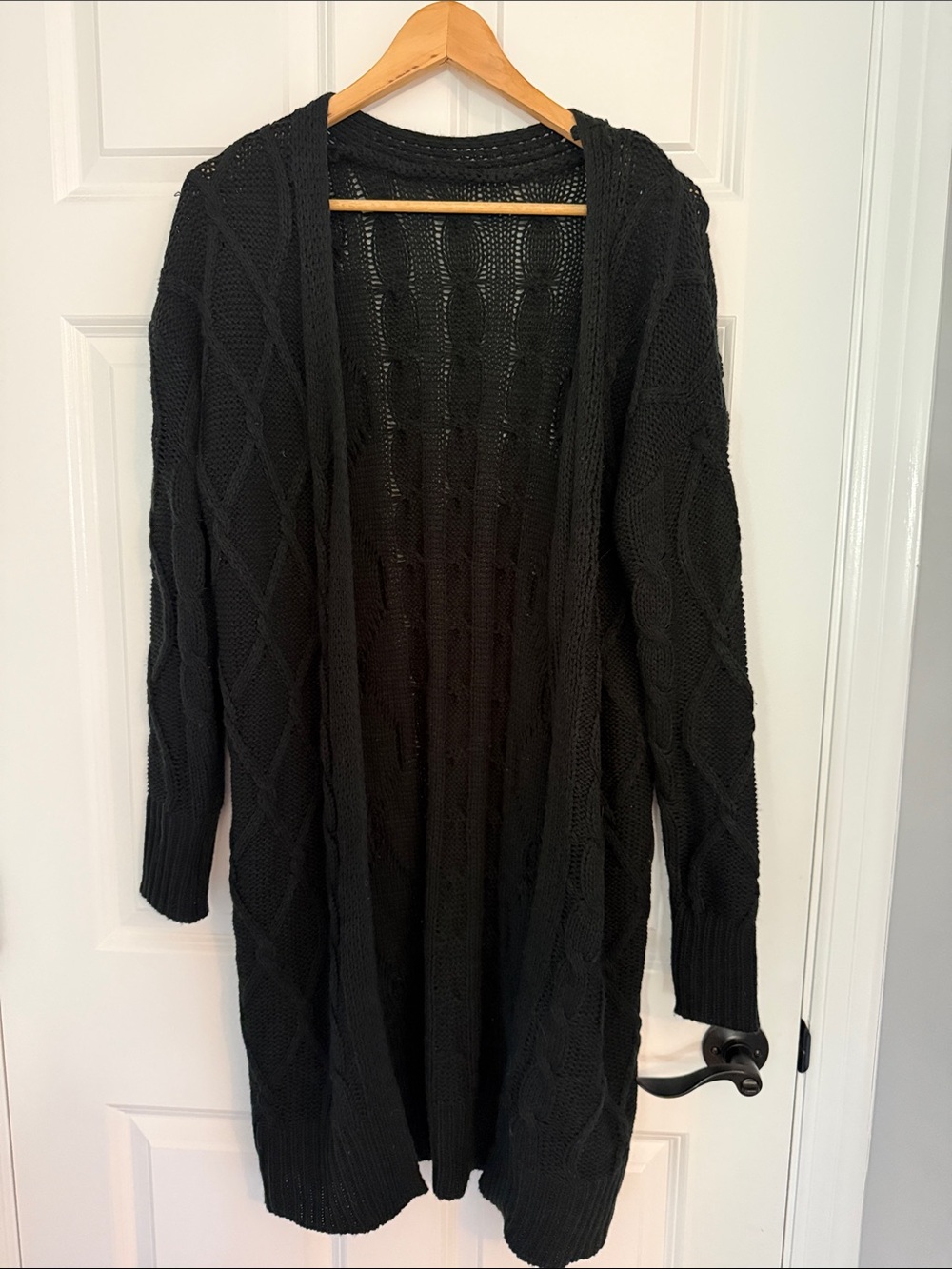 Black Open-Front Cable Knit Women's Cardigan Sweater